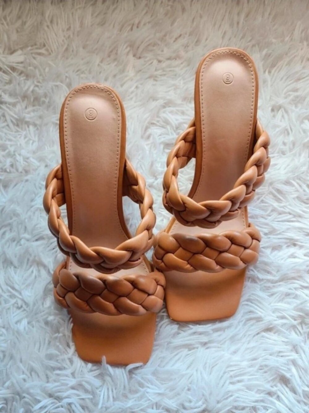 Tan Braided Slip on Heeled Sandals